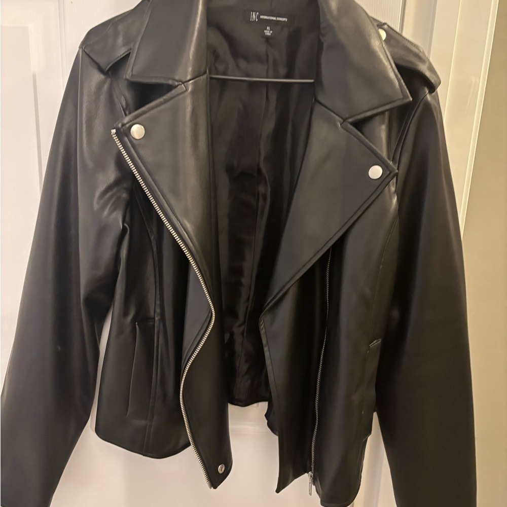 INC International Concepts Black Faux Leather Moto-Style Jacket
